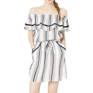 Lucky Brand White and Black Ruffle Off Shoulder Sun Dress Striped Dress